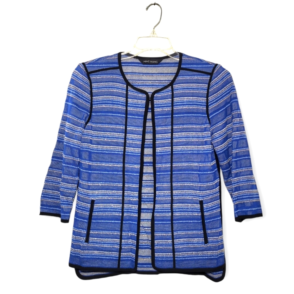 Ming Wang Blue Black Striped Knit Cardigan Jacket Open Front